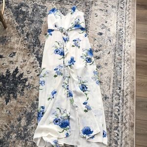 Size M - Lush cream spaghetti strap dress with blue and green floral detailing
